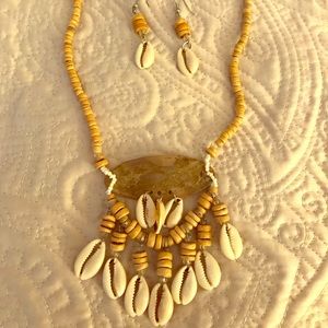 Shell and wood bead Necklace/Earring Set